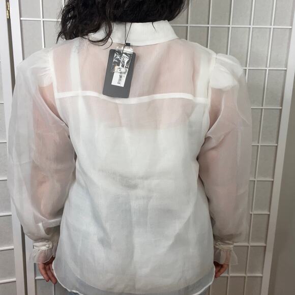 NWT Fate Curve Puff Sleeve White Button Down Blouse Ruffle Long Sleeve Shirt - Picture 8 of 8